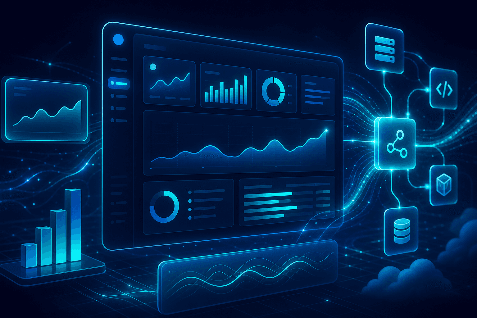 Bright illustration of dashboards and services—custom web application delivery